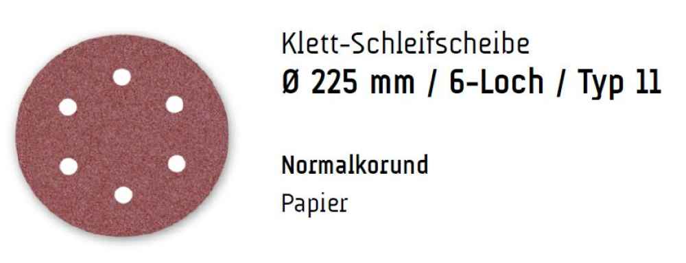 10 Schleifscheibe, Korn 016, 6 Loch, Korund, 225 mm, Sanders, Menzer